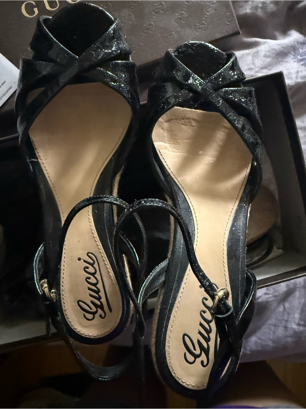 Gucci Black Patent Leather Women's Slingback Sandals espadrilles